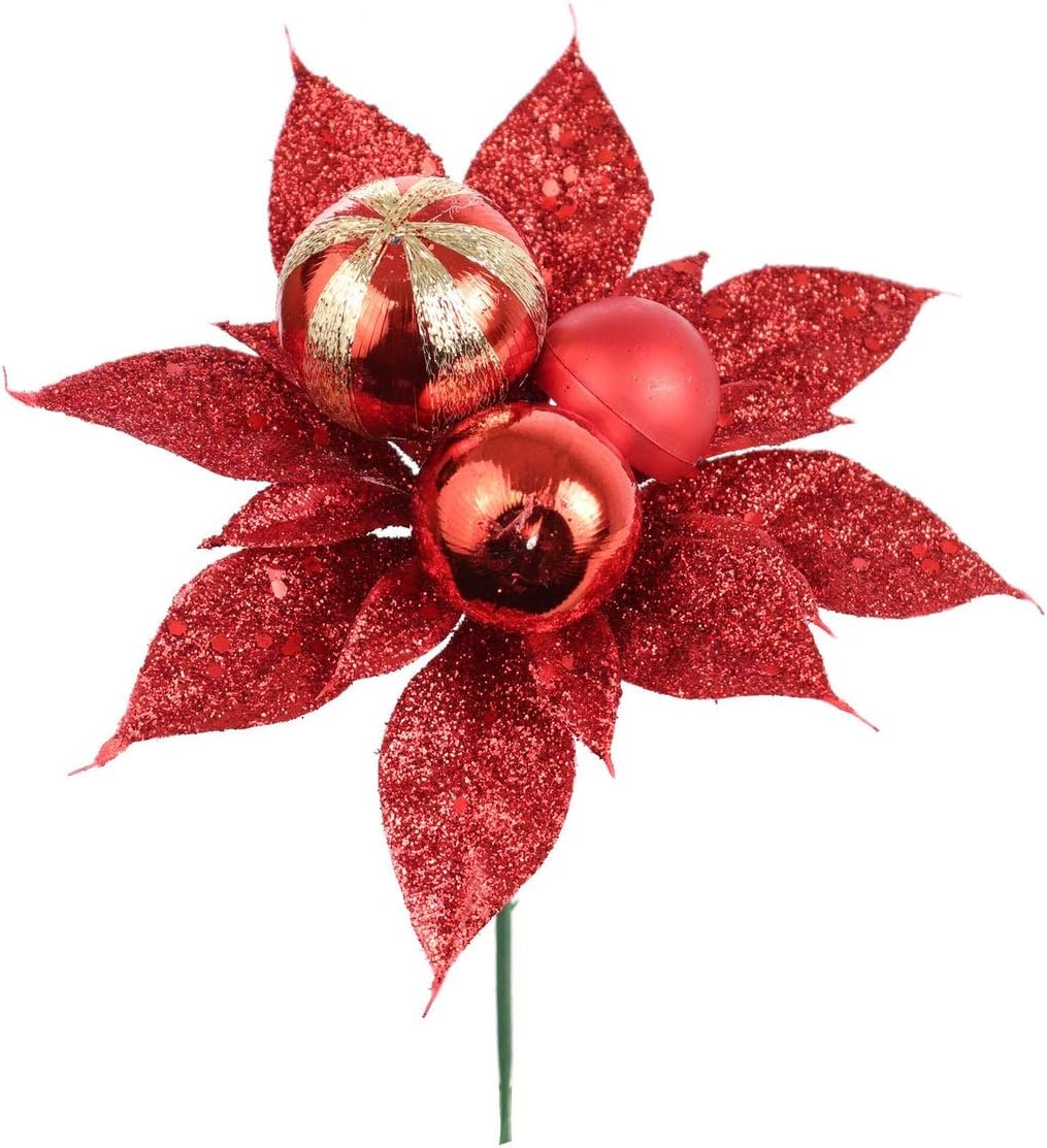 Larksilk Red Glitter Christmas Ornament Poinsettia Pick with Glittered, Matte & Shiny Balls - 5" x 5" - Pack of 12 Perfect for Decorating Wreaths, Trees, Gift Wrapping & Holiday Crafts Festive Xmas