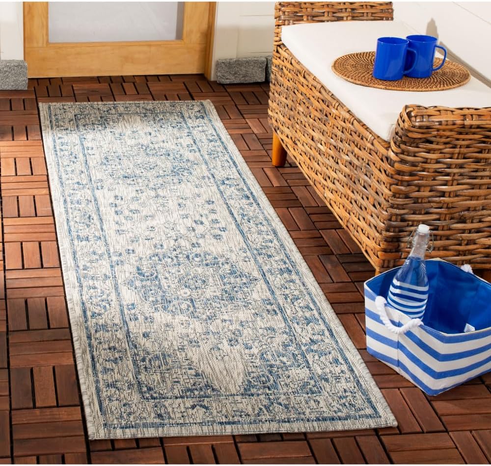 SAFAVIEH Courtyard Collection 2'3" x 12' Grey/Navy CY8679 Indoor/ Outdoor Waterproof Easy Cleaning Patio Backyard Mudroom Runner Rug