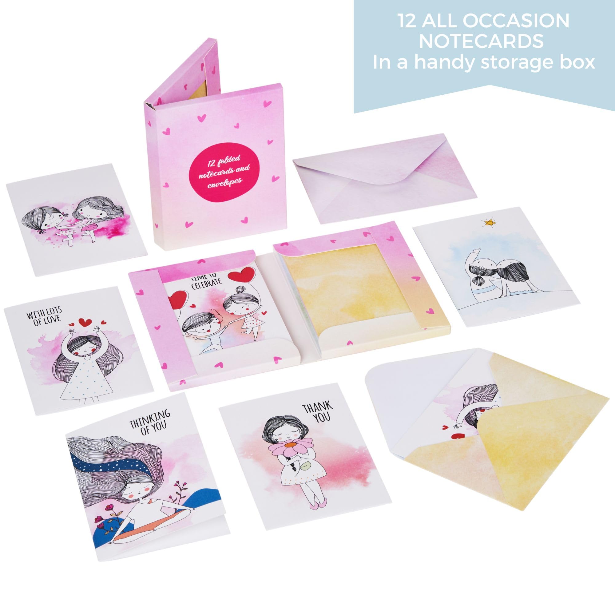 DOODLE Set of 12 Blank Notecards | Coloured Envelopes | Jacket Style Packaging | 6 Different Designs for all Occasions | 3 x 4.25 inches, 160 gsm - You and Me 2
