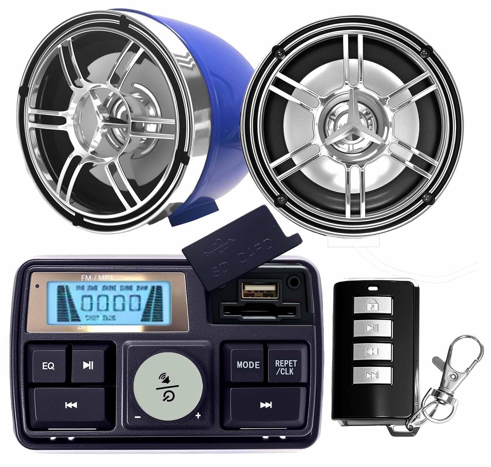 Motorcycle Bluetooth Stereo Speakers,ATV UTV Amplifier Sound System for Motorcycle,Electric Bike Marine Boat,Golf Cart,Weatherproof (3 inches Speakers,Silver Star) (Blue+Silver)-image-48