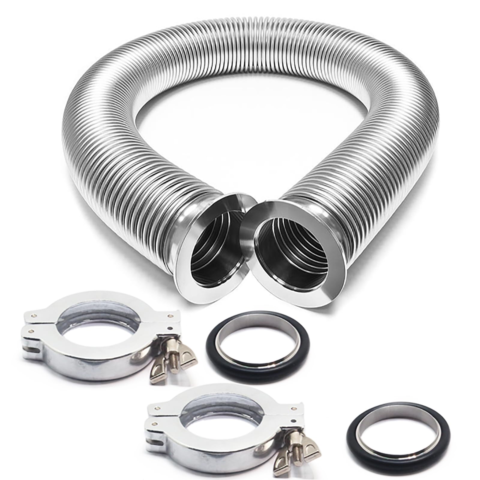 SS304 KF40 - Juego de manguera de fuelle corrugado al vacío con 2 abrazaderas de aluminio, 2 anillos de centrado, 2 juntas tóricas FKM (750 mm)