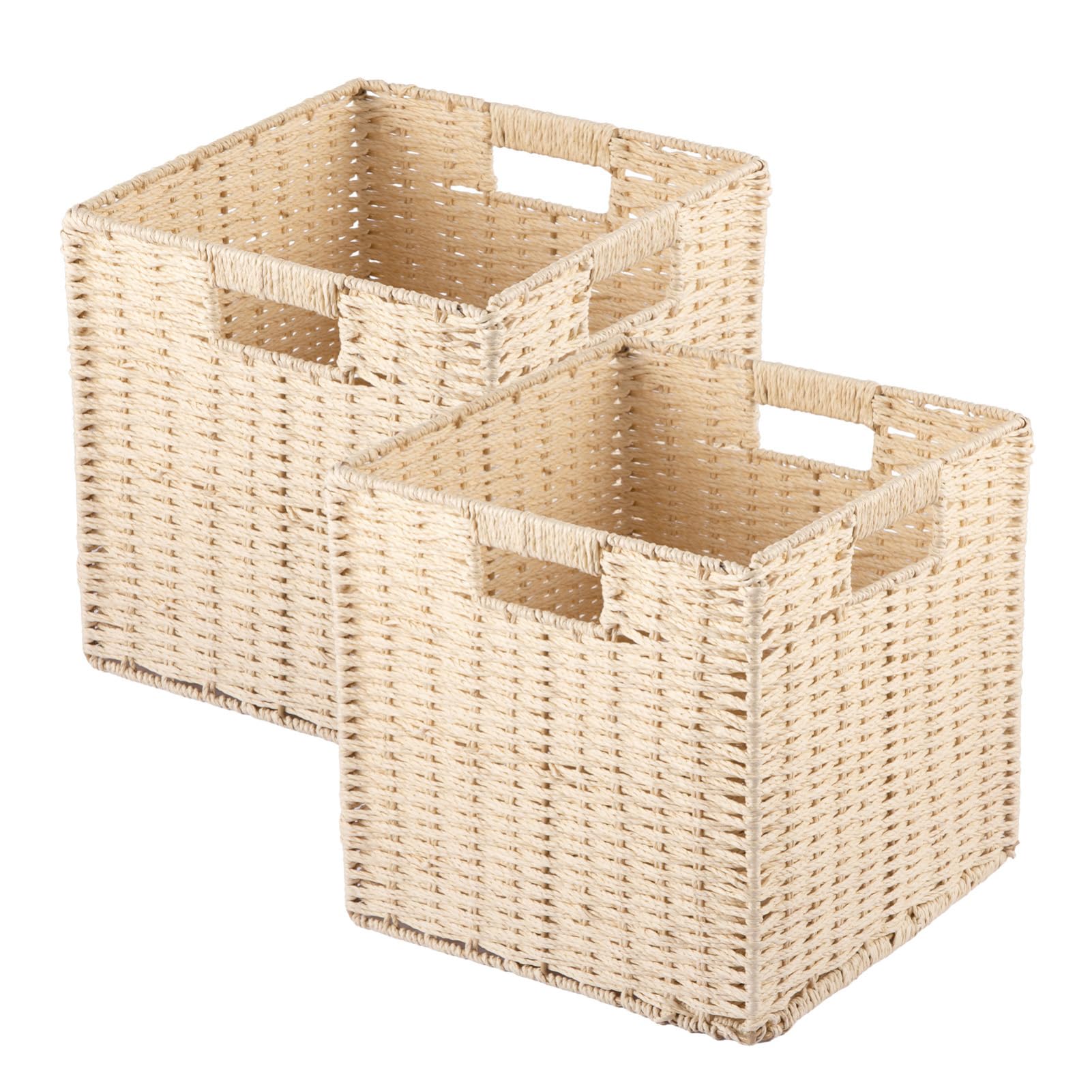 LN COZY CORNER 2-Pack Faux Wicker Storage Baskets with Handles Foldable Organizer Bins for Shelves, Cube Storage Home Decor Ideal for Toys Laundry & Closet Organization (Beige, L)
