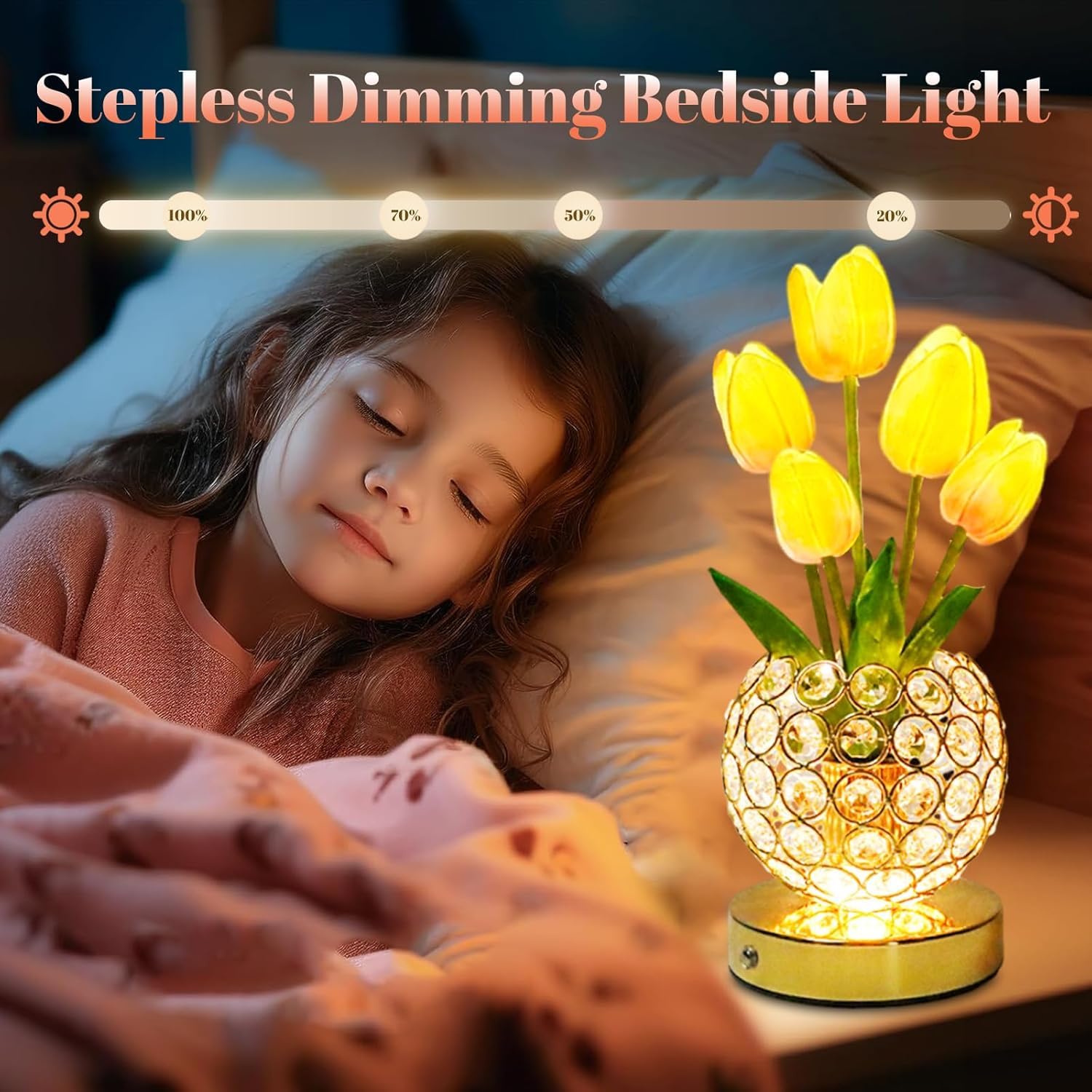 Tulip Flower Lamps, 3 Colors Touch Stepless Dimming Crystal Night Light, Rechargeable Artificial Flower Light, LED Flower with Vase Lamp Romantic Decor for Date Party Home (Tulip2-Pink) - Image 3