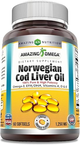 Miniatura 1 de Amazing Omega - Suplemento de cápsulas blandas de aceite de hígado de bacalao noruego de 1250 mg  Omega-3, EPA, DHA, vitamina A, vitamina D y