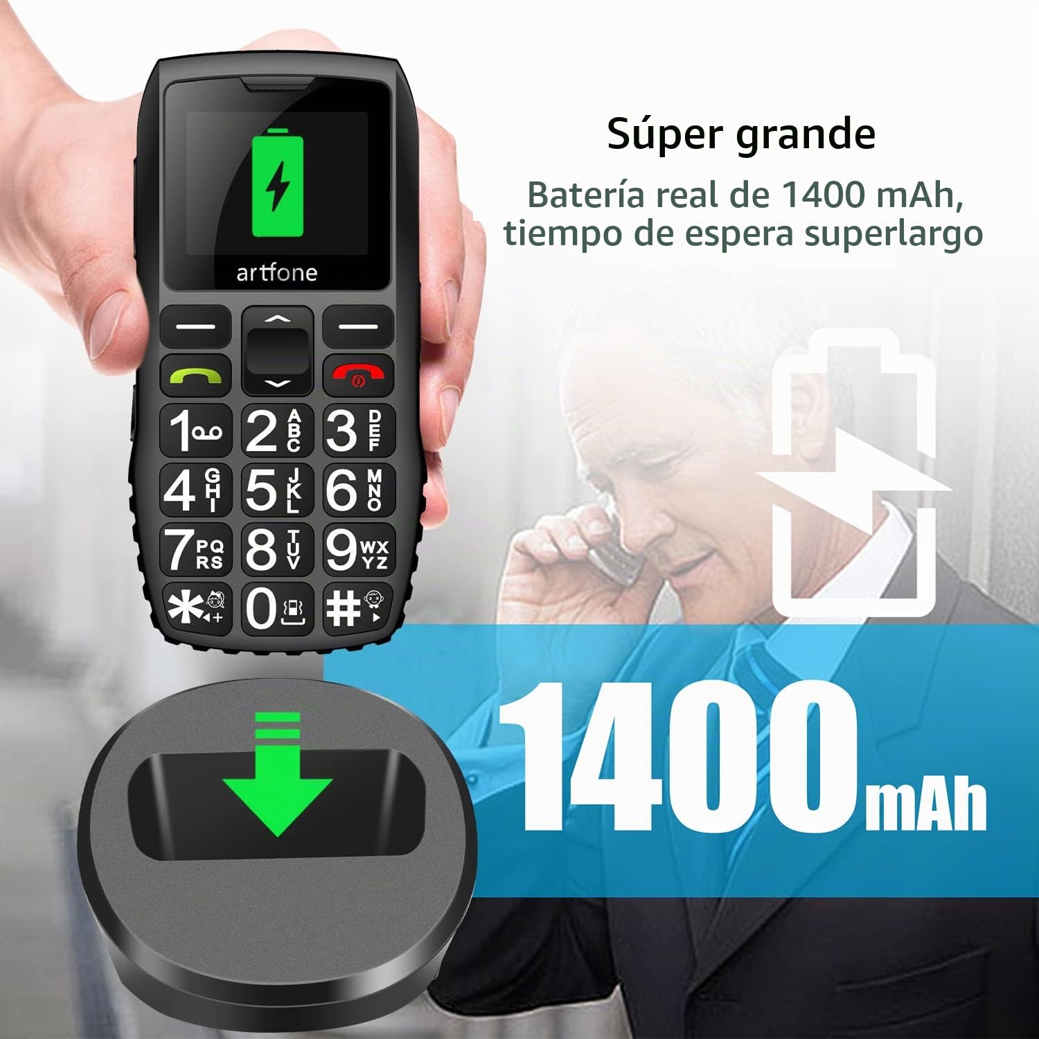 artfone C1+ Teléfonos Móviles para Mayores Mayores con SOS botón,Fácil de Usar Celular para Ancianos con Base Cargadora, Hermoso Paquete,Batería de 1400 mAh-(Negro)