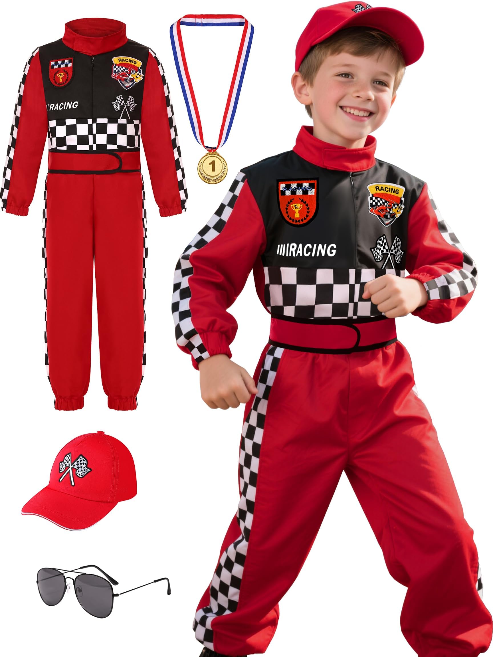 Bordazor Kids Race Car Driver Costume Boys Girls Racer Jumpsuit With Car Cap Kids Dress Up for Halloween