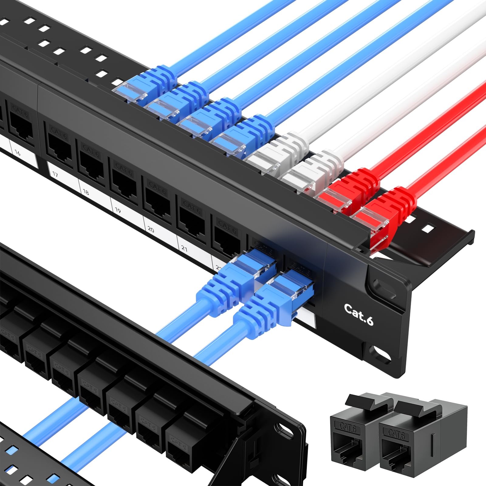 24-Port-Patchpanel, Keystone Patchpanel 24 Ports geladen mit RJ45-Kopplern plus 2 Ersatzteilen, 10G Pass-Through, UTP 19 Zoll 1U Ethernet-Panel mit abnehmbarer Rückstange für Cat5, Cat5e
