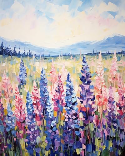 Pintura por número para adultos, campos de altramuces de prado de flores silvestres, pintura al óleo para estudiantes principiantes, kit de pintura