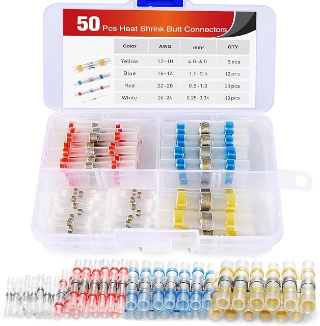 Nilight - 50025R 50pcs Solder Seal Wire Connector, Solder Seal Heat Shrink Butt Connectors,Electrical Waterproof Insulated Marine Automotive Copper(23Red 12Blue 10White 5Yellow),2 Years Warranty
