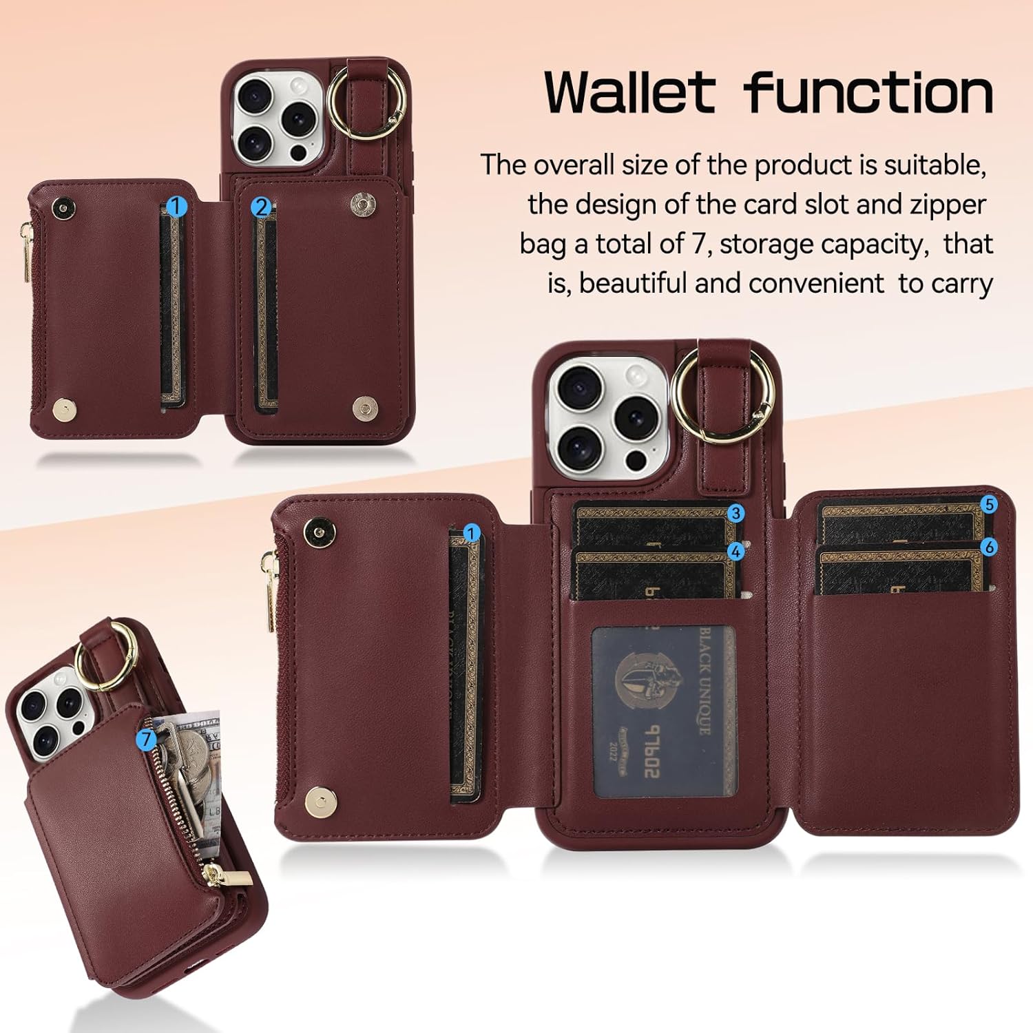 Wallet Case for iPhone 15 Pro 6.1 inch with Wrist Shoulder Strap Card Holder Ring Flip Zipper 6+ Card Slots RFID Blocking Phone Cover for iPhone15Pro 5G i i-Phone i15 iPhone15 15Pro Wine Red