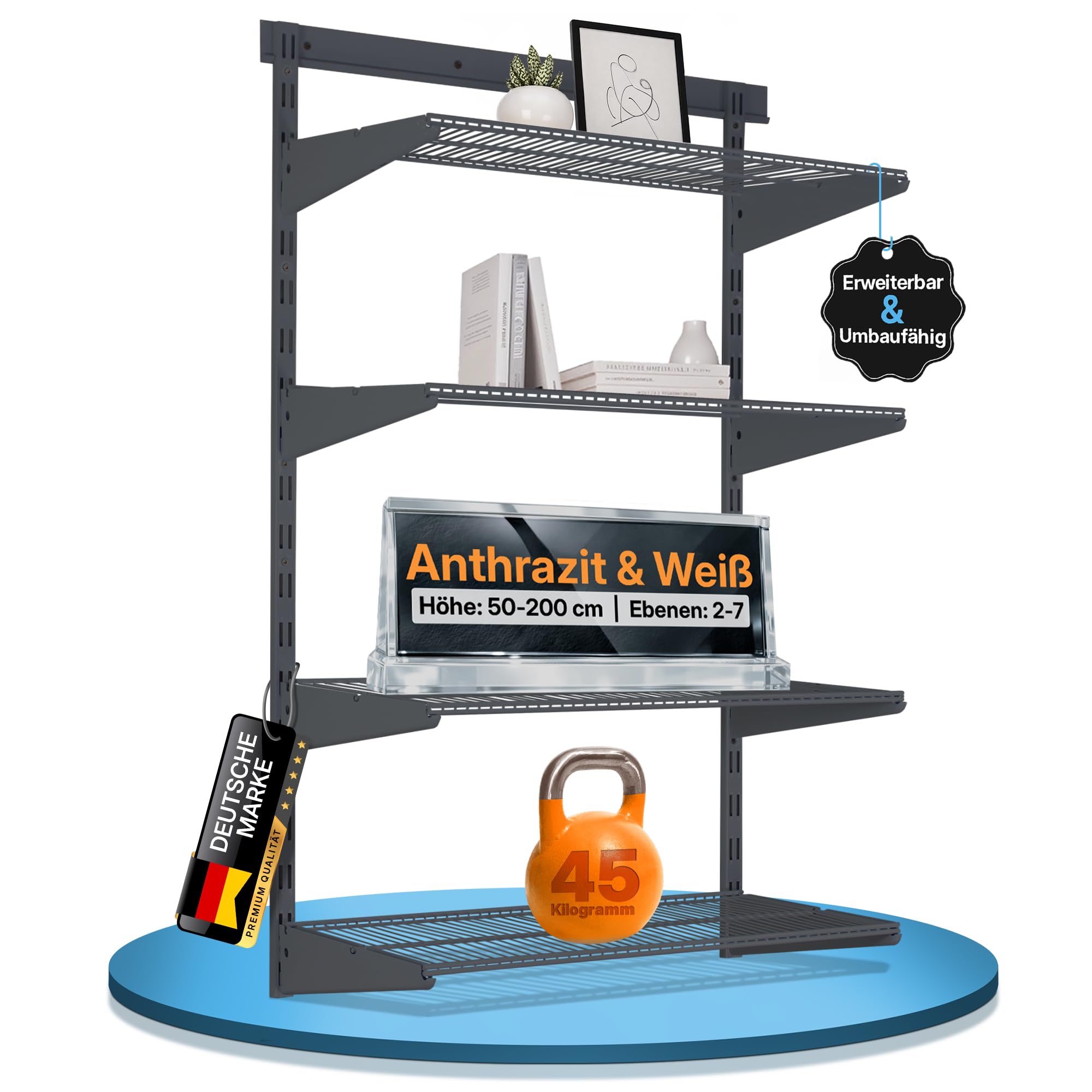 Wandregal Metall Anthrazit mit Drahtboden · 28 Varianten · 150x60x30cm (HxBxT) 4 Böden · Flexibles Wandschienen Regalsystem für Ankleide, Vorratsraum, Büro, Garage, Keller & Werkstatt
