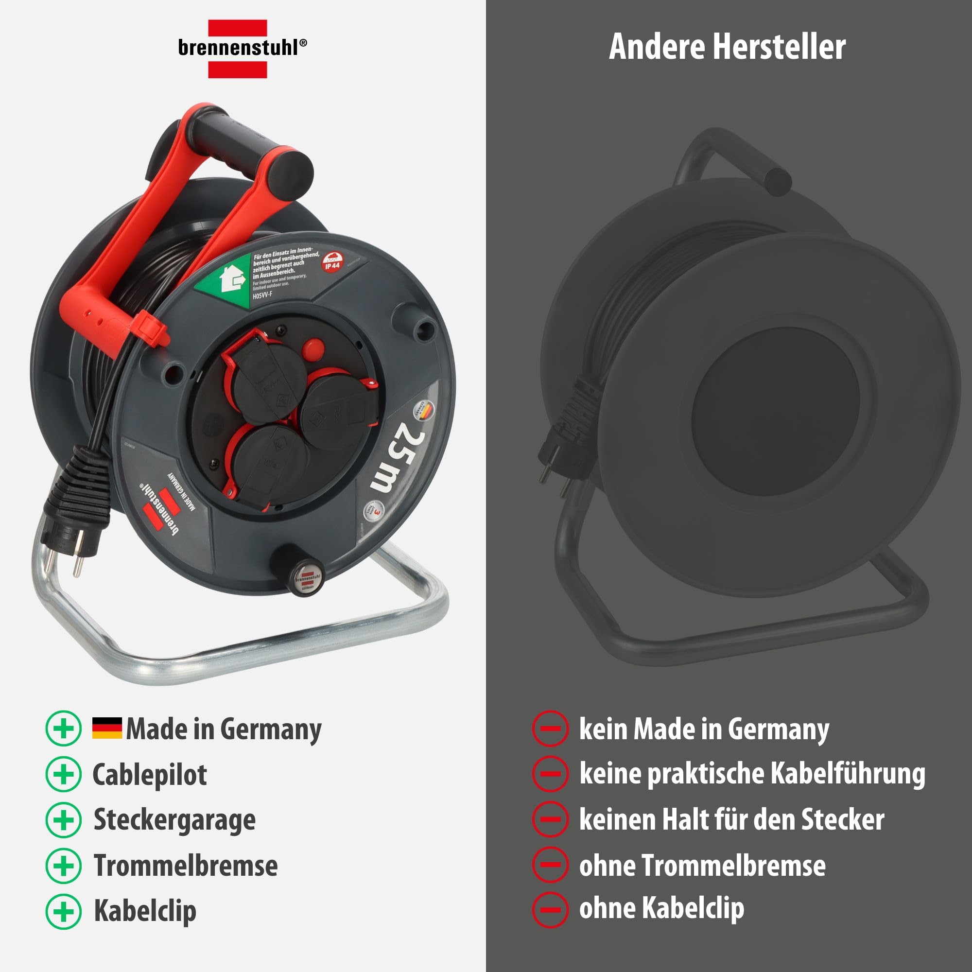 Brennenstuhl Garant V2 IP44 Kabeltrommel 25m outdoor (Made in Germany, 3 Schutzkontakt-Steckdosen, Spezialkunststoff)