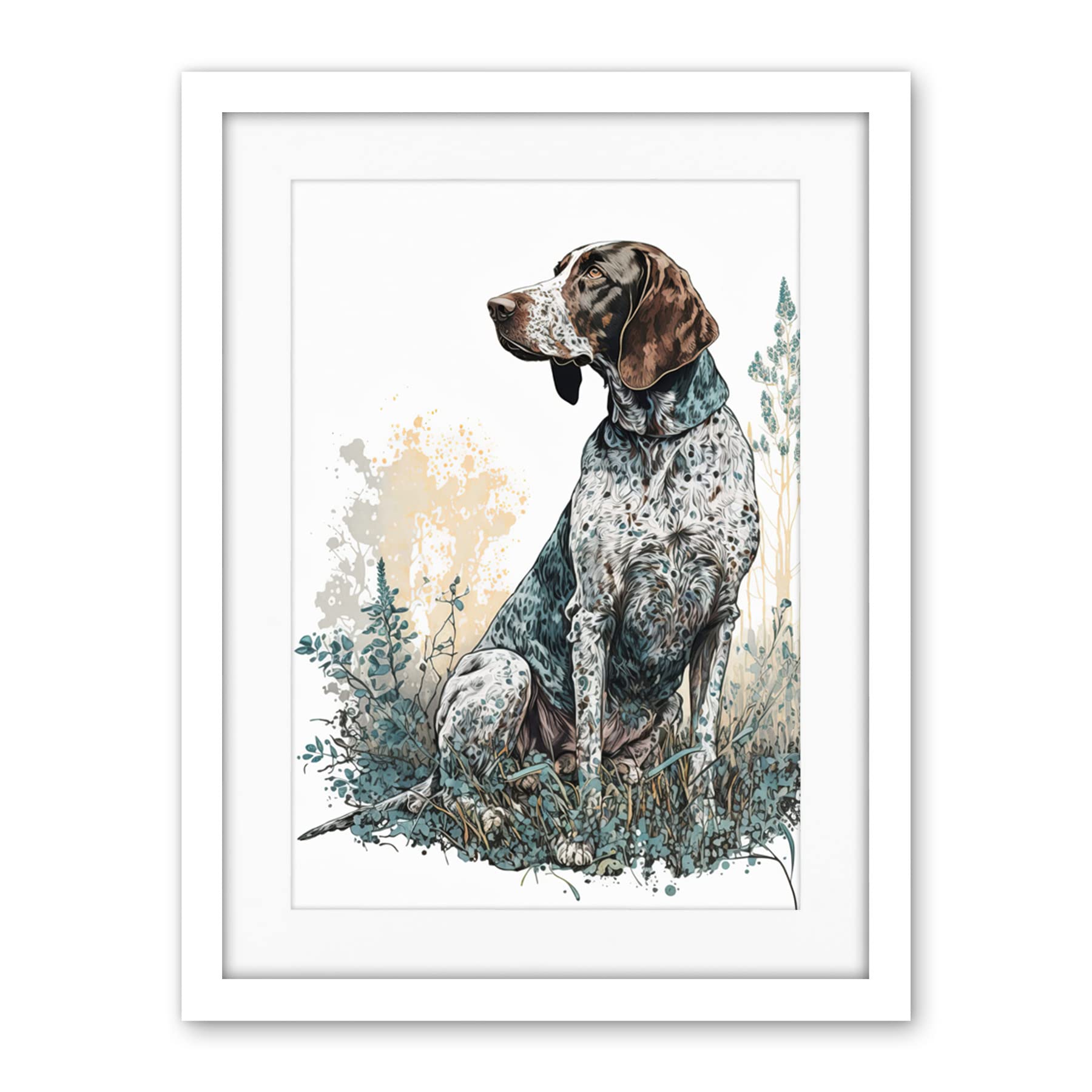 Artery8 German Pointer Dog Sitting in Field Modern Detailed Illustration Artwork Framed Wall Art Print 18X24 Inch