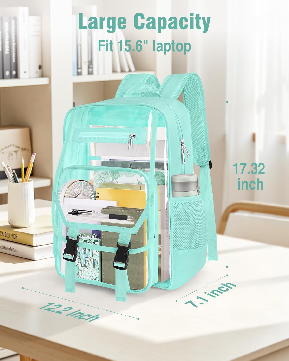Clear Backpack Heavy Duty, Fabric & PVC Transparent Bookbag, See Through Backpacks with Reinforced Strap for Women Men, Large Capacity Clear Backpack for College, Travel, Security, Green - Image 6