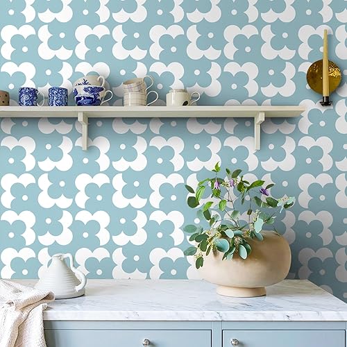 Miniatura 3 de Ismoon Papel tapiz geométrico para despegar y pegar, papel de contacto bohemio azul y blanco, 118 x 17.3 pulgadas, papel tapiz floral moderno,