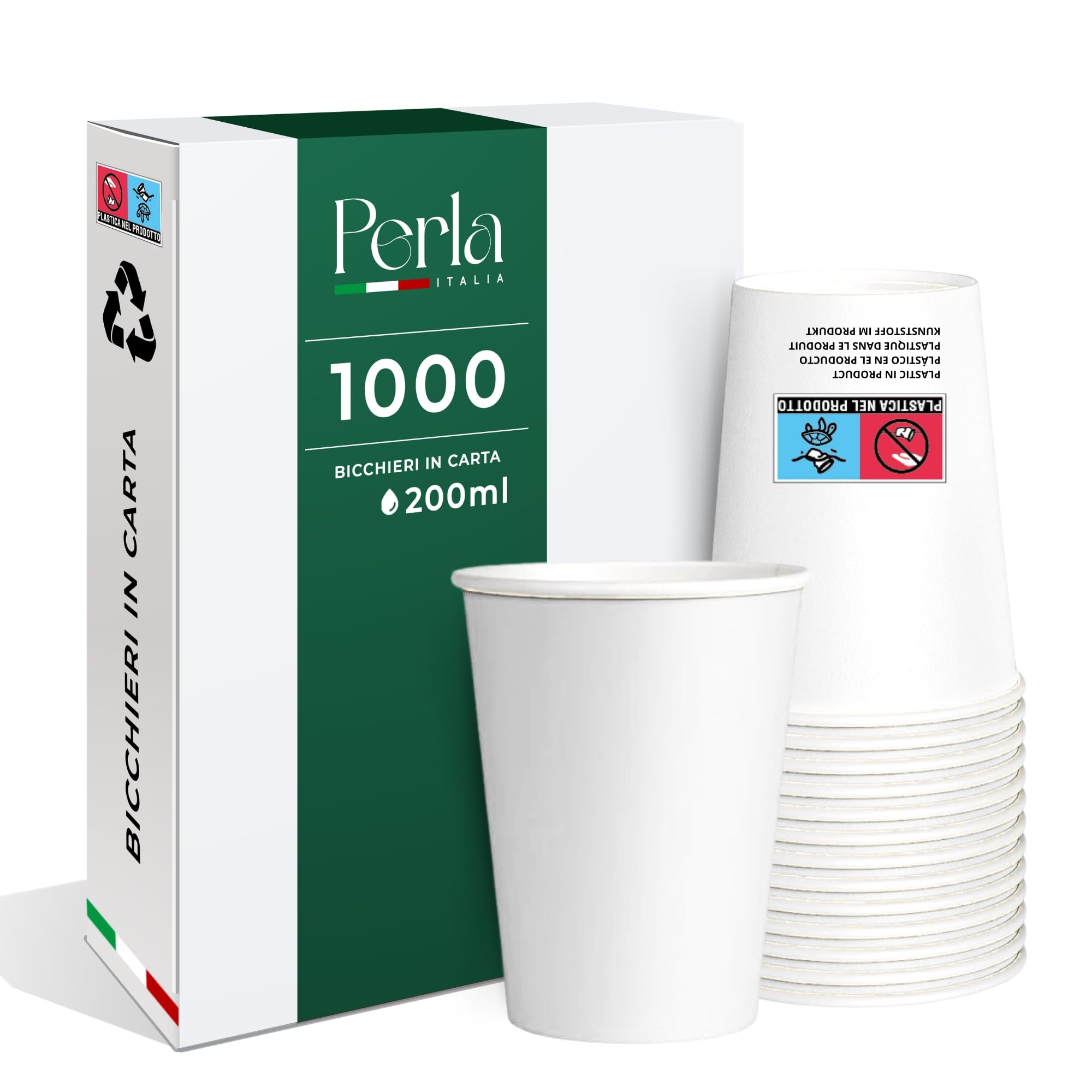 Perla - 1000 Bicchieri di Carta da 200 ml - Bicchiere Monouso Biodegradabile Ecologico - Adatto per Bevande Fredde e Calde - Bicchieri per Acqua usa e getta (Bianco)