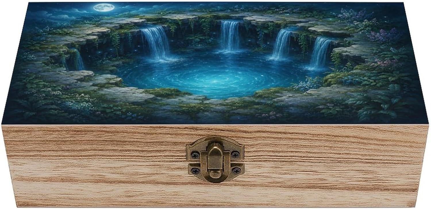 Moonlit Waterfall Oasis Night Garden Wooden Keepsake Box with Lid, Vintage Storage Box for Photos Letters Jewelry Home Decor Desk Gift Collectibles