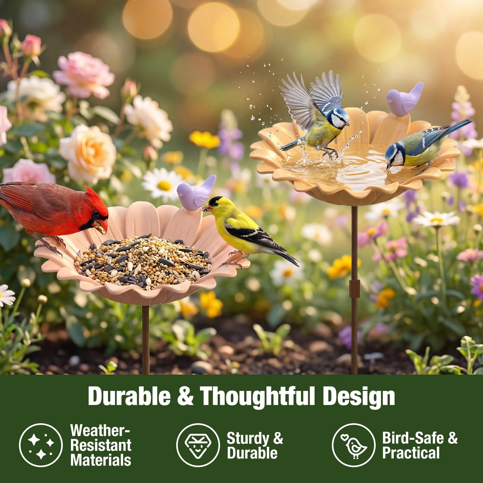 Kinsgyard 2 Pack Free Standing Tray Bird Feeders with Adjustable Pole, Wild Bird Feeder for Outdoor Garden Yard Decor, Large Seed Capacity, Easy to Clean and Refill, Yellow & Beige — view 2