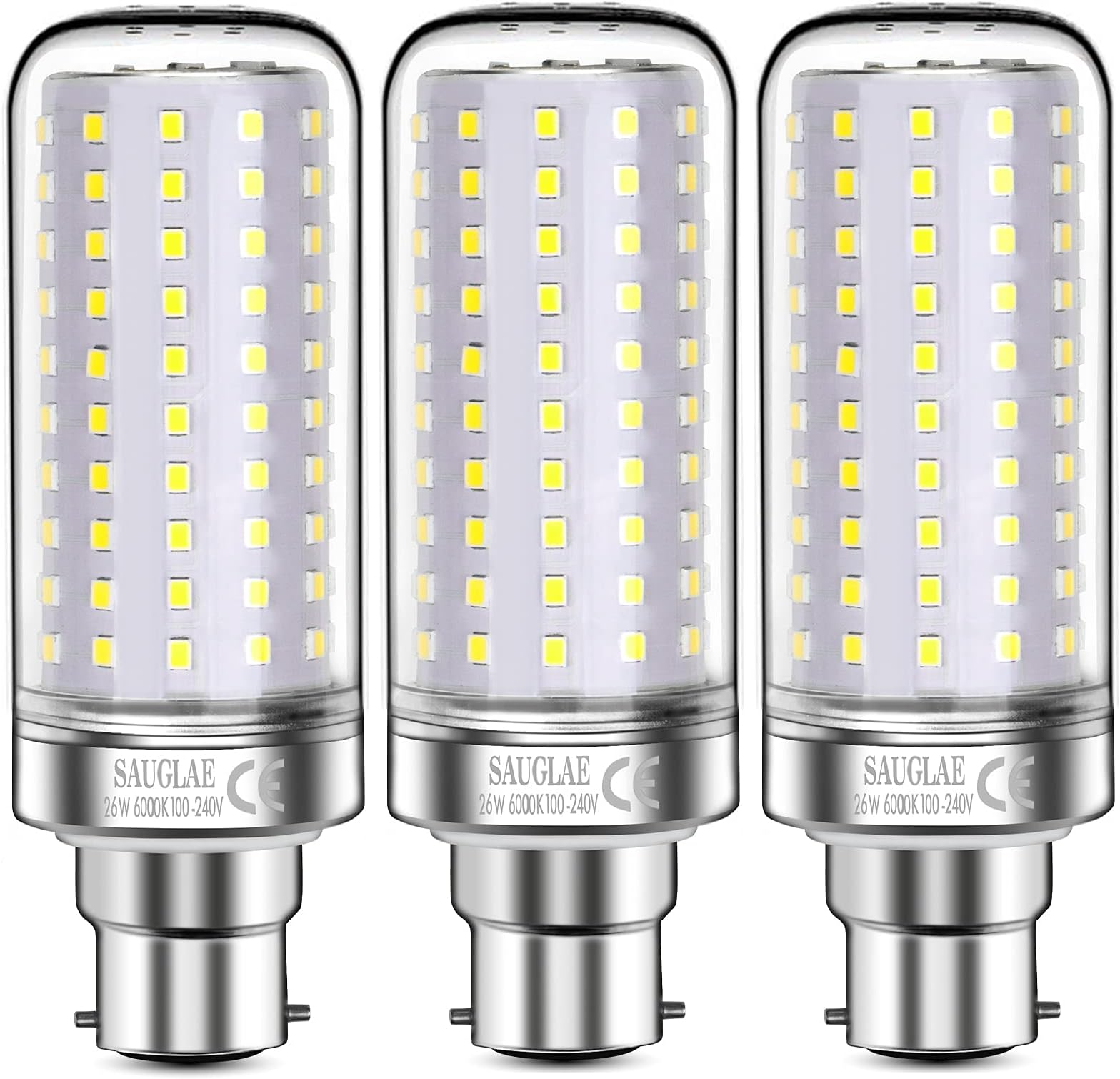 26W LED Light Bulbs, 200W Incandescent Bulbs Equivalent, B22d Bayonet Cap, 3000Lm, 6000K Daylight White, Pack of 3
