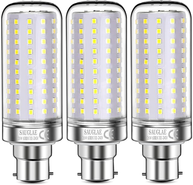 SAUGLAE 26W LED Light Bulbs, 200W Incandescent Bulbs Equivalent, B22d Bayonet Cap, 3000Lm, 6000K Daylight White, Pack of 3