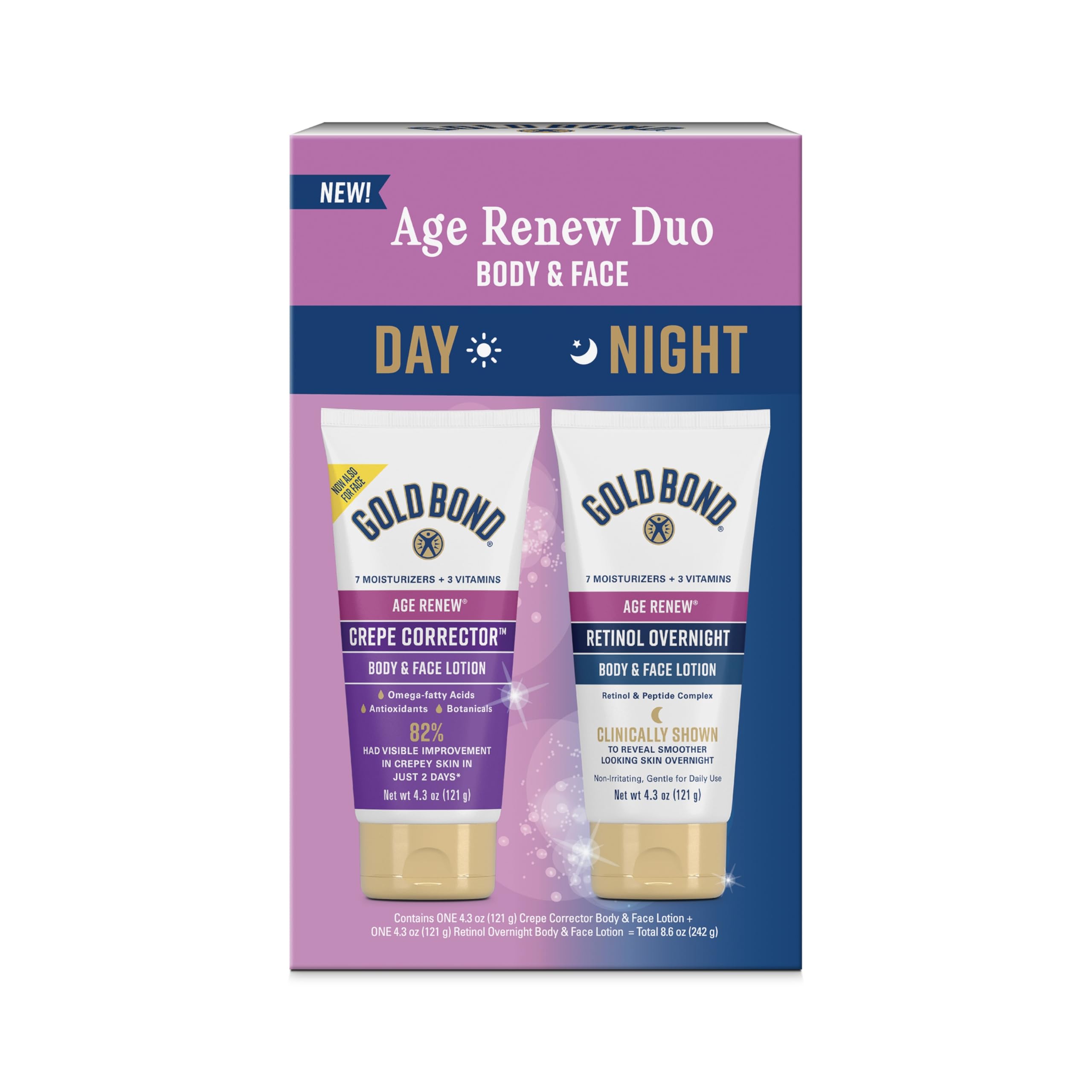 Gold Bond Age Renew Day Night Duo Lotion Set for Body Face Gold Bond Crepe Corrector Retinol Overnight