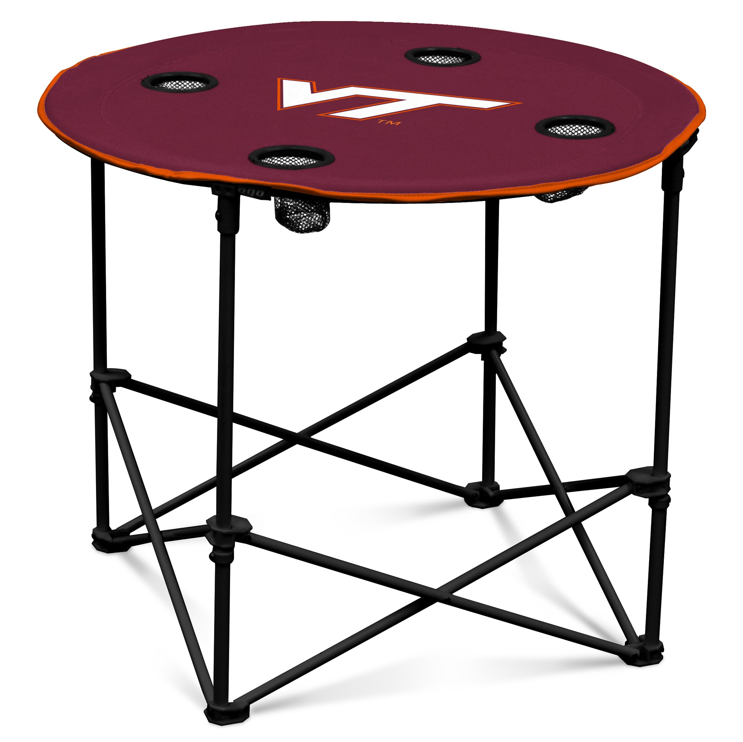 Logo Brands NCAA VT Hokies Round Tailgating Table – Portable with Foldable Legs, 4 Cup Holders, Powder-Coated Steel, and 27.6" Surface Diameter, Team Color