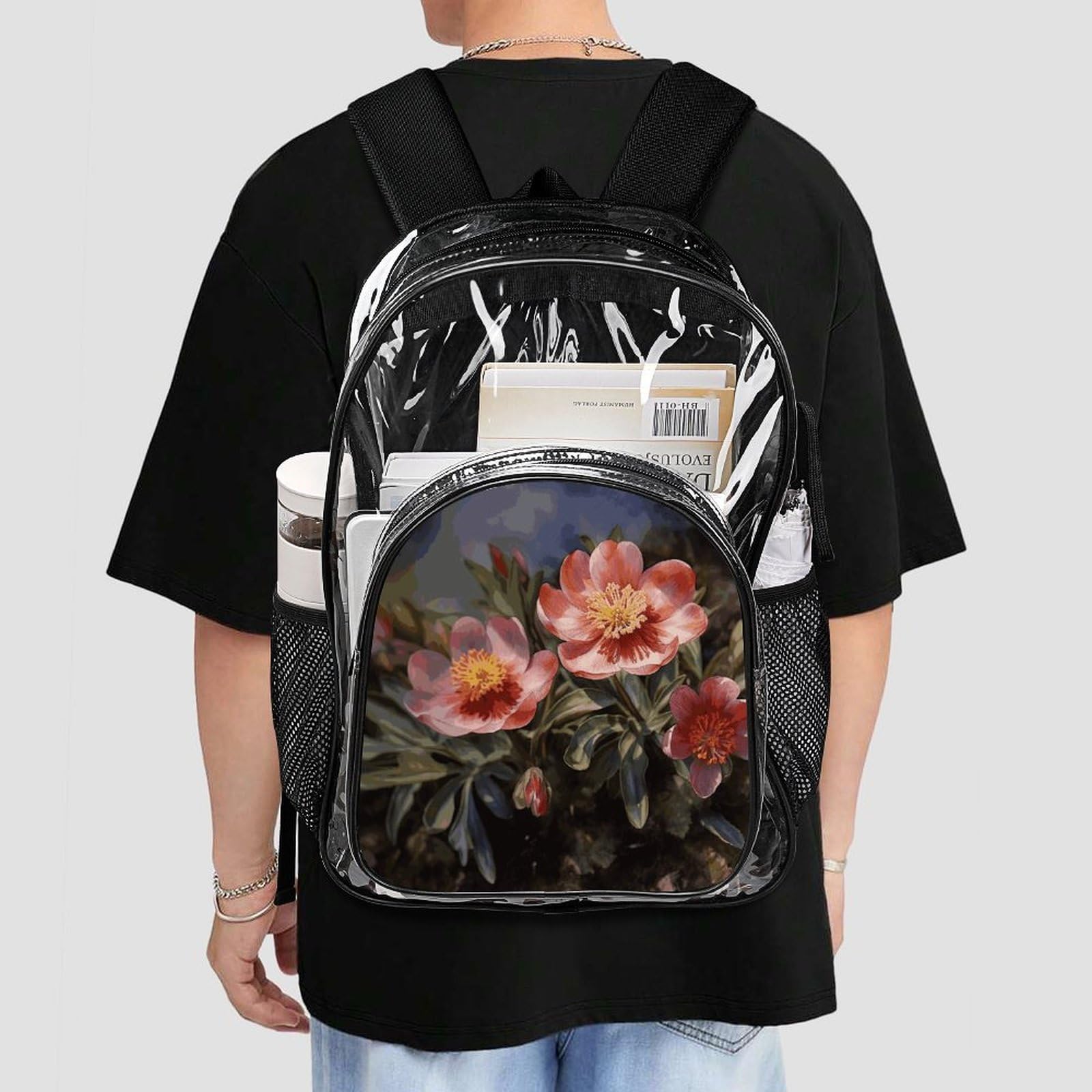 Transparenter Rucksack mit Frühlingsblumen, groß, transparent, PVC, Büchertasche für Sicherheit, Arbeit, Reisen, Stadion