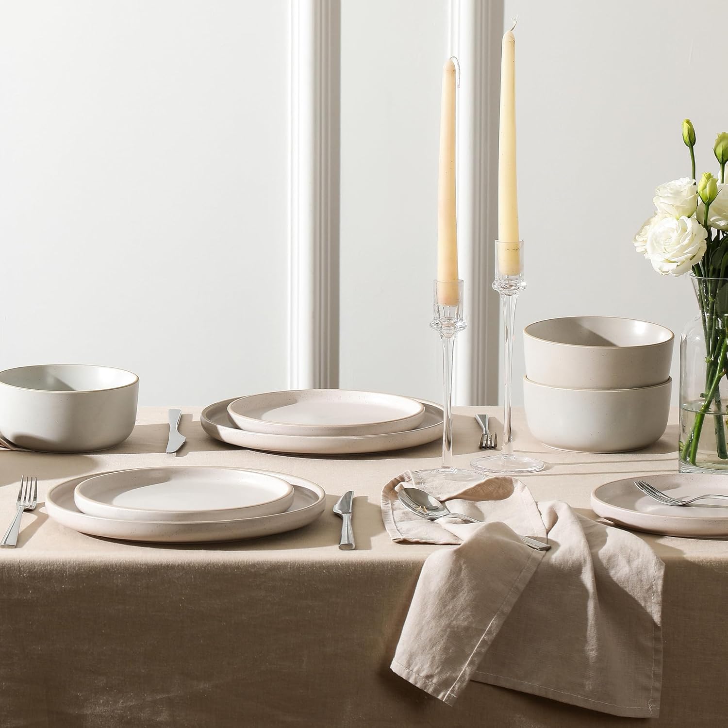 Earth & Clay Amber 12-Piece Dinnerware Set Stoneware, Dishwasher and Microwave Safe Plates and Bowls Set, Dish Set for 4, White Speckled