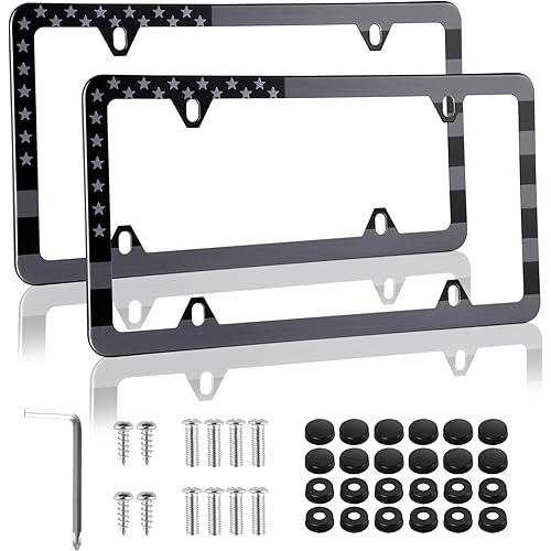 alpmosn 2PCS Stainless Steel License Plate Frames, 4 Holes Car Licence Plate Covers with Screws Washers and Caps, Car Exterior Accessories, License Plate Holder for US Vehicles (Black Flag)