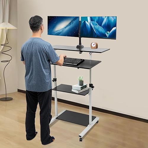 Miniatura 2 de Gdrasuya10 Escritorio de pie con soporte de monitor doble, altura ajustable, estación de trabajo para computadora portátil, podio, portátil, carrito
