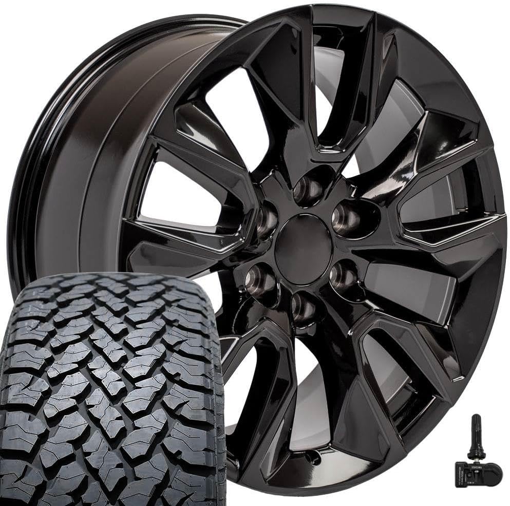 OE Wheels CV32 20 Inch Rims and Tires Fit Silverado 1500 RST Style 6x139.7 20x9 Gloss Black - Hollander 5916 - TS-37 AT 275/55-20 (Set of 4)