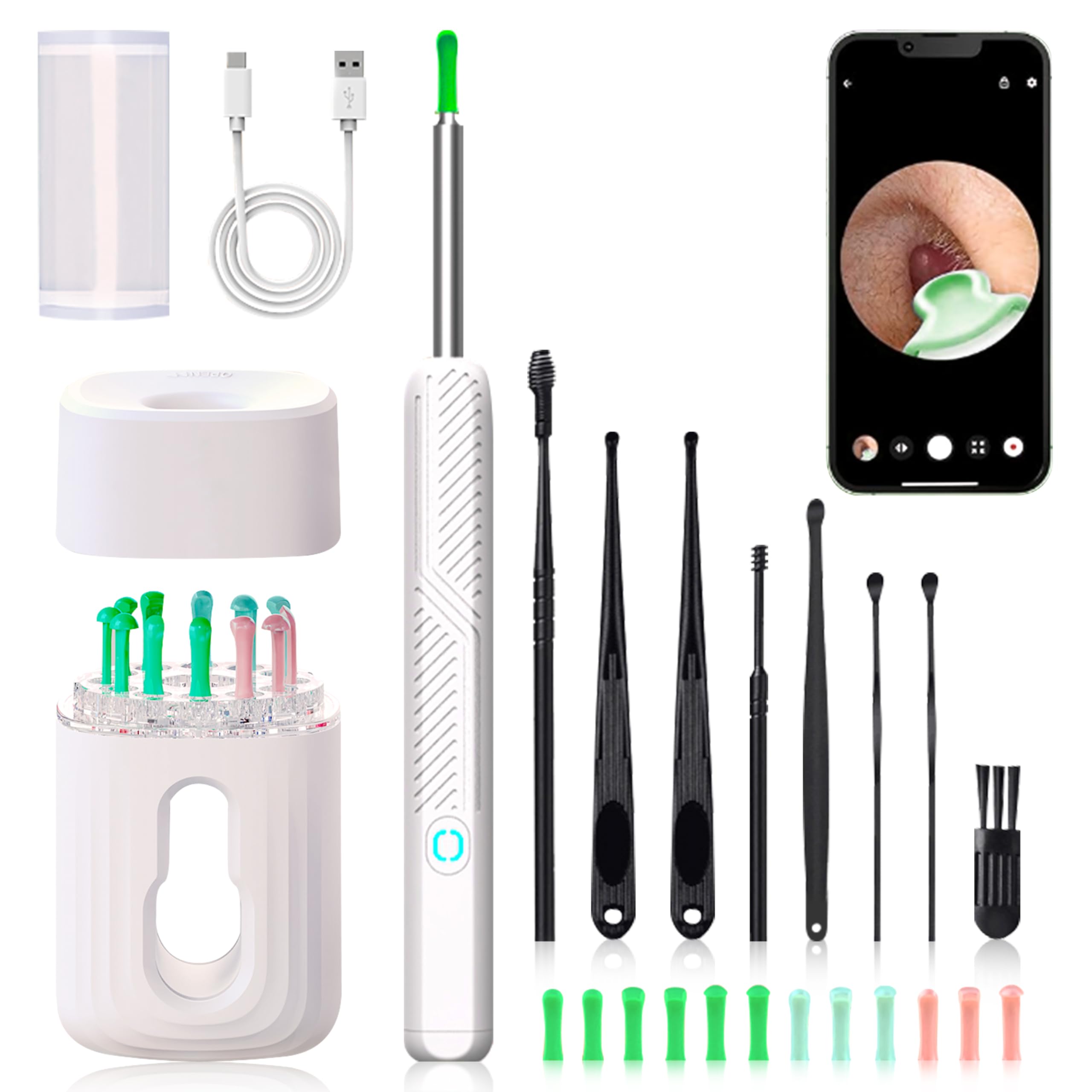 Ear Wax Removal Tool - Wireless Ear Cleaner Kit with 1080 HD Camera and Storage Case, Rechargeable Earwax Remover with 12 Ear Picks, Ear Wax Removal Kit with 8 Replacement Tips (White)