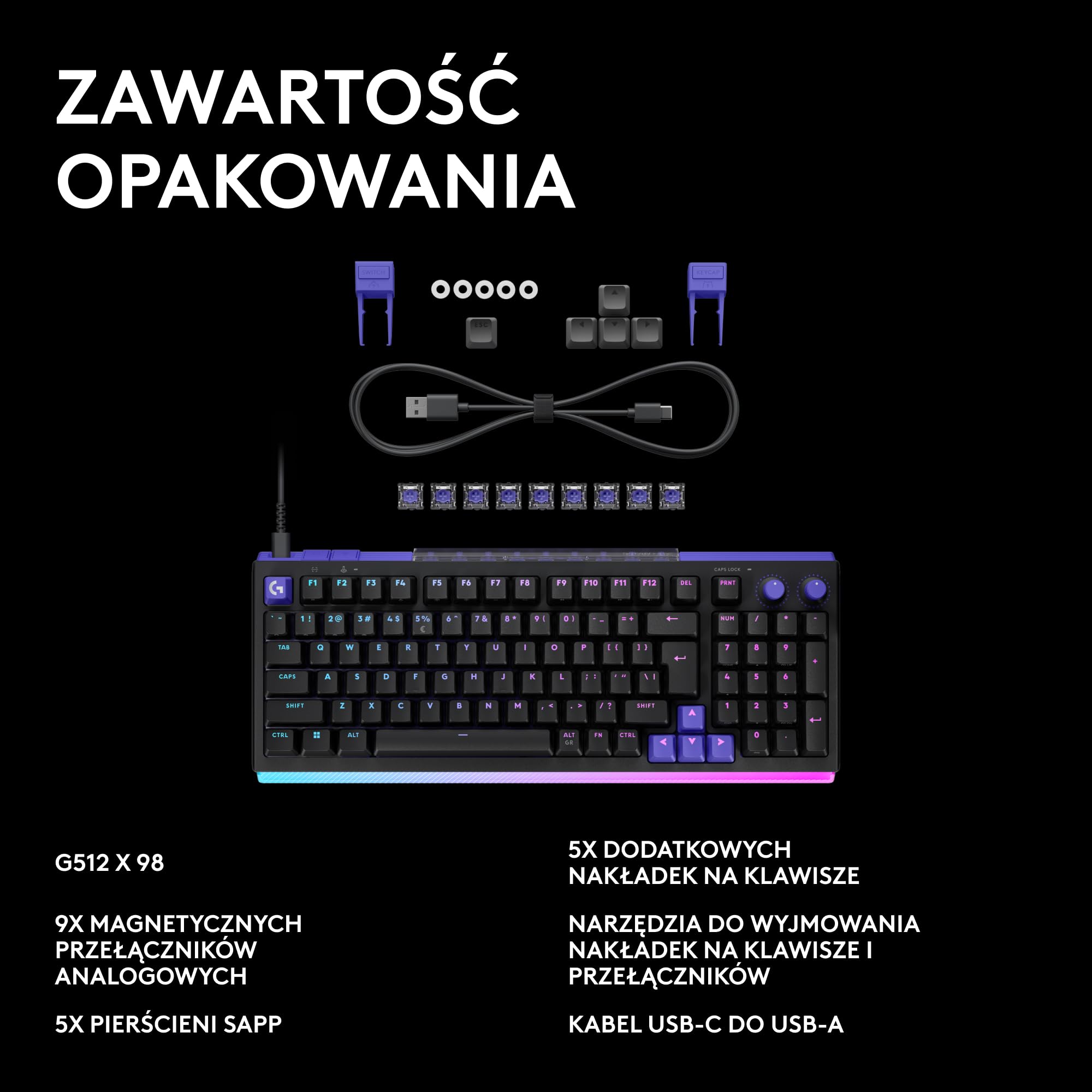 Logitech G G512 X 98 DUAL SWAP, analogowa/mechaniczna klawiatura do gier z wymiennymi czujnikami TMR, częstotliwość odświeżania 8K, SZYBKIE WYZWALANIE, LIGHTSYNC RGB, PC, Mac, US INT'L QWERTY - Czarny