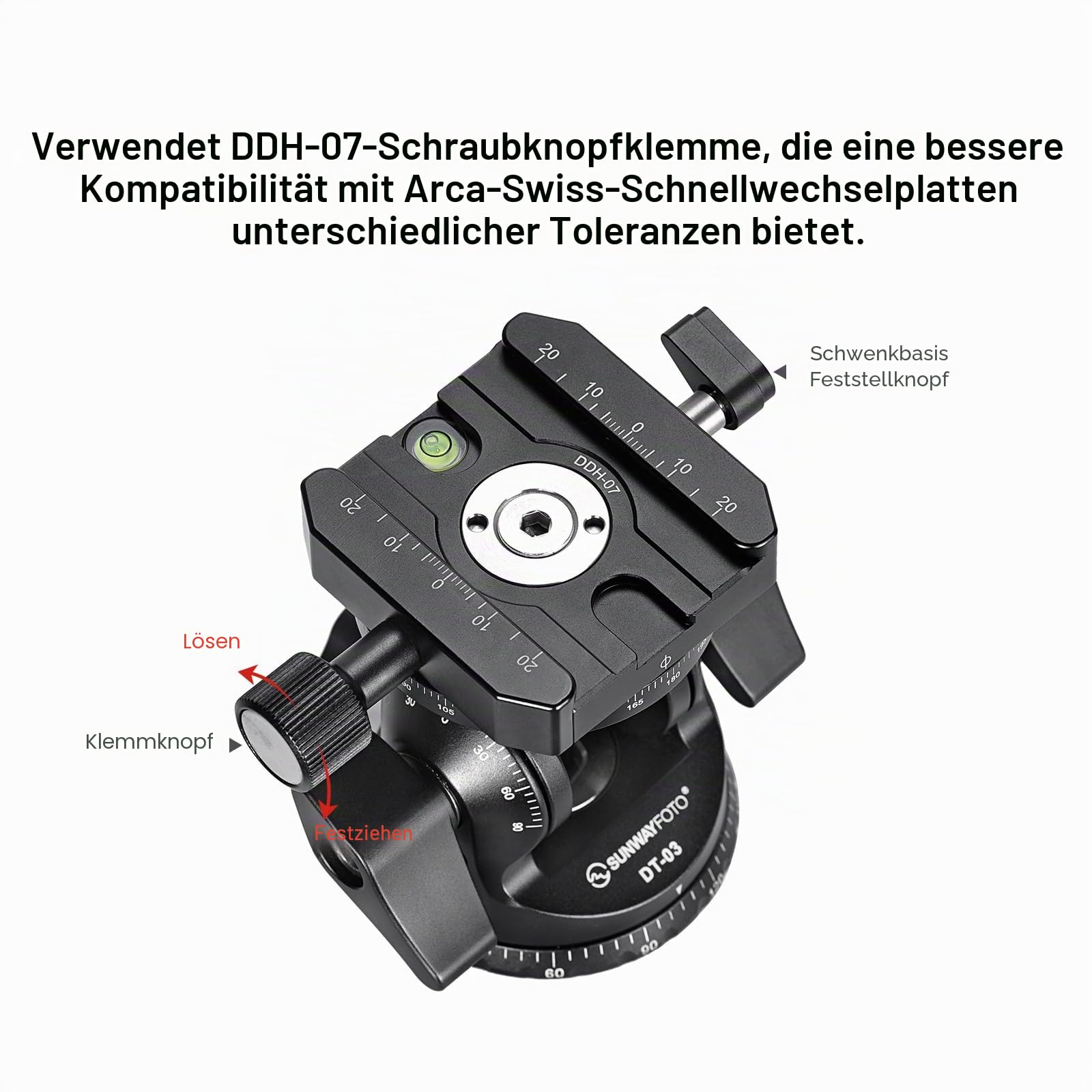 SUNWAYFOTO DT-03R Zwei-Wege-Kippkopf für Einbeinstativ und Stativ mit Panorama-Drehklemme,15kg Tragkraft