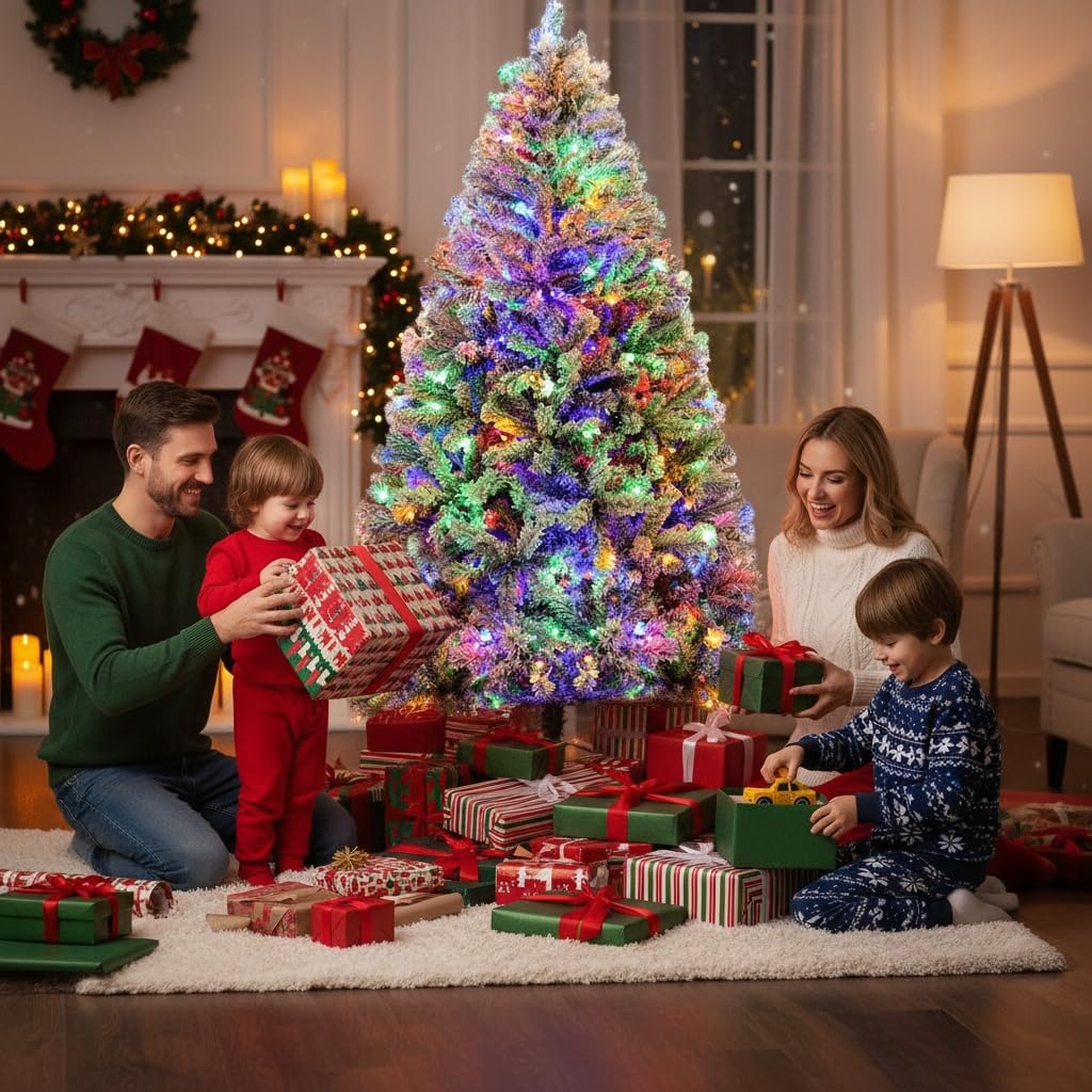 180cm Sapin de Noël Artificiel Enneigé 250 LED RGB Premium Arbre de Noël avec Support Métallique Pliable 1000 Pointes de Branches Décoration Festive Blanc 2025