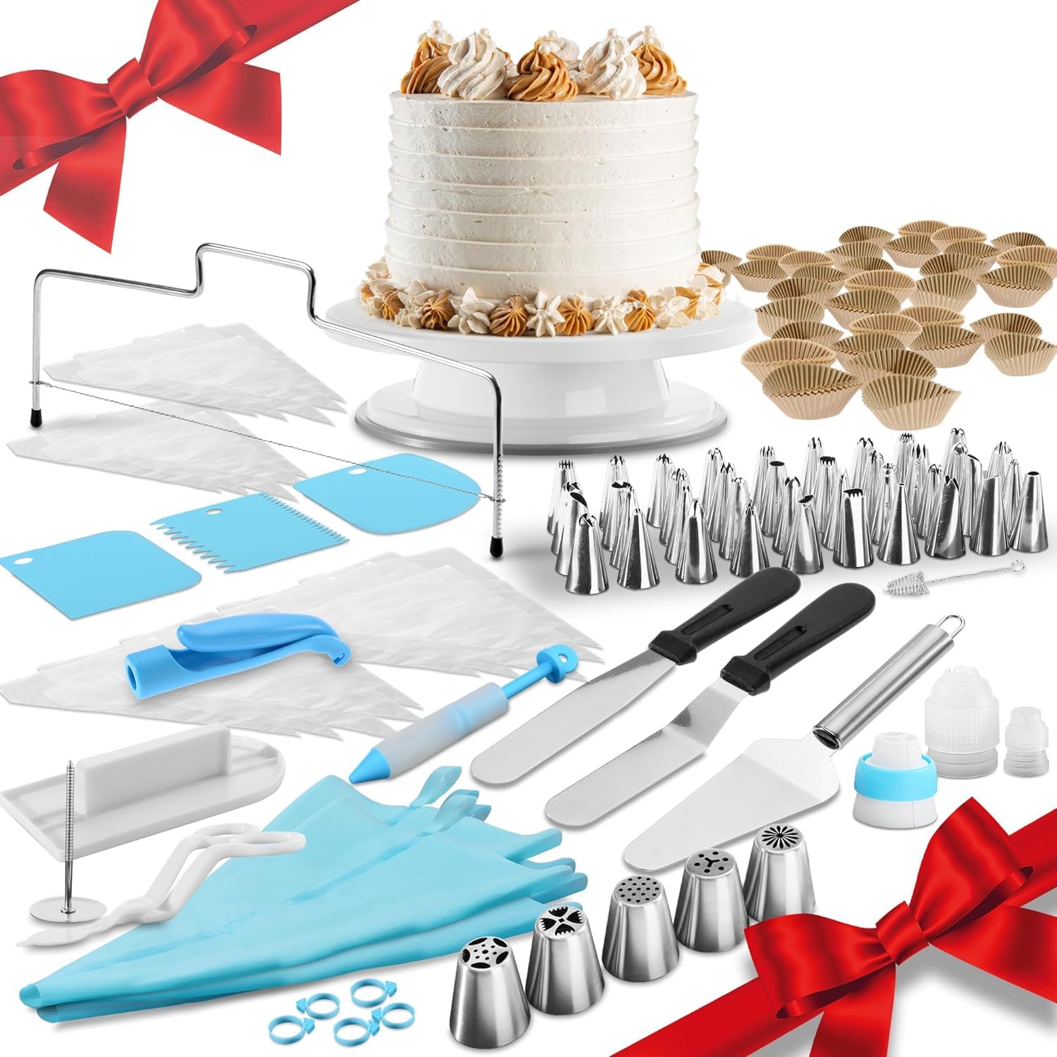 cutecool Juego de accesorios para tartas, 142 piezas - Bandeja giratoria para tartas+juego de decoración de pasteles, ideal para principiantes en la repostería - Juego de hornear con boquilla de tubo