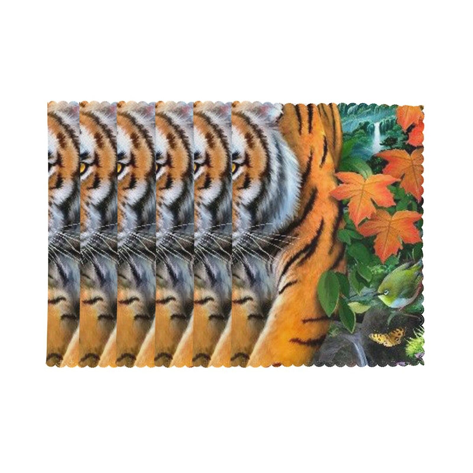 6 PCS Heat Resistant Placemat 45x30 CM, Tiger Butterfly Bird Printed Non-Slip Place Mats for Kitchen Dining Table Indoor Outdoor