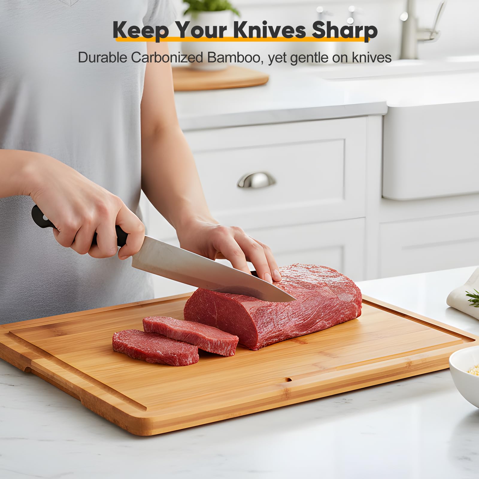 Set di 3 taglieri in legno di acacia con supporto, taglieri da cucina di alta qualità con scanalatura per succo e olio, taglieri in legno certificato FSC per carne e verdura