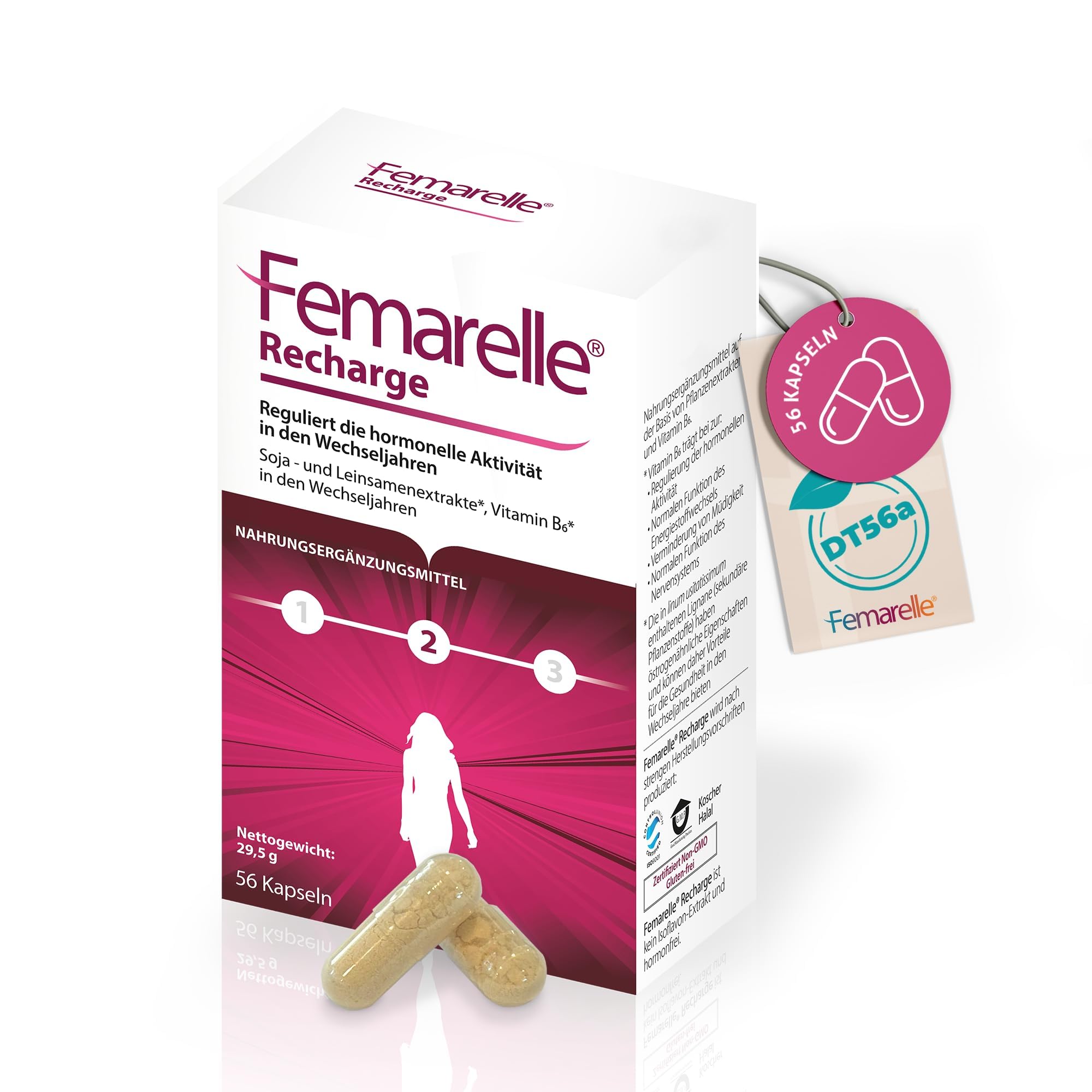 Femarelle Recharge - Wechseljahre Kapseln, Meno Komplex für Frauen - hormonelles Gleichgewicht in der Menopause - Meno Balance - Mit DT56a, Leinsamen-Extrakt* und Vitamin B6*