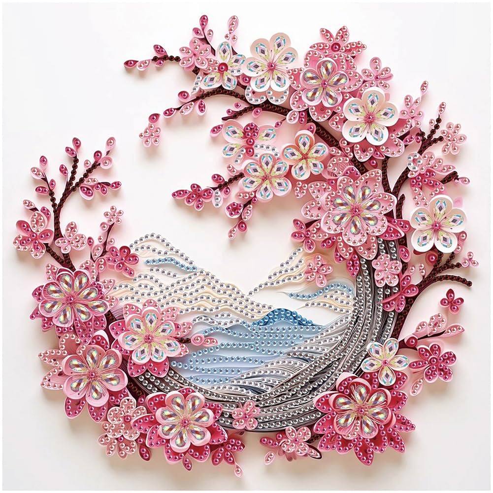 DIADAY Cherry Blossom Special Shape Diamond Painting Kits for Adults, 5D Partial Crystal Rhinestone Diamond Art Kits Floral Landscape, DIY Crafts Home Wall Decor Gift Art 12 x 12 Inches/30x30cm