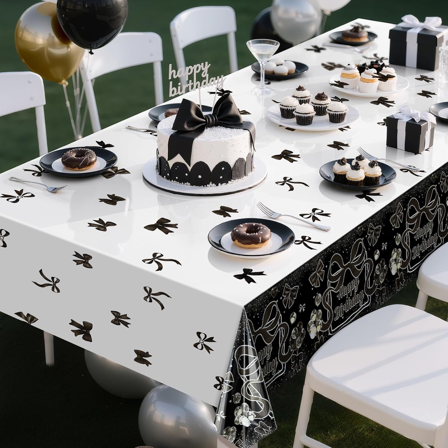 Just Shimmer 2 Pack Black Bow & Happy Birthday Printed Tablecloths, 54 x 108 Inch Disposable Table Covers for Birthday, Bridal, Baby Shower, and Bachelorette Parties, Coquette Theme Decorations