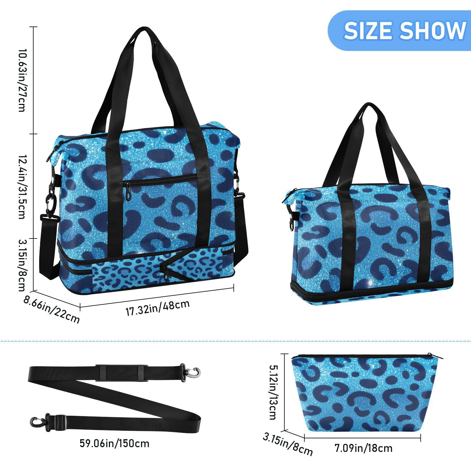 Borsa da palestra con stampa leopardata con glitter finti blu con tasca bagnata, tracolla regolabile, borsa da palestra per palestra, grande capacità, per uomini e donne