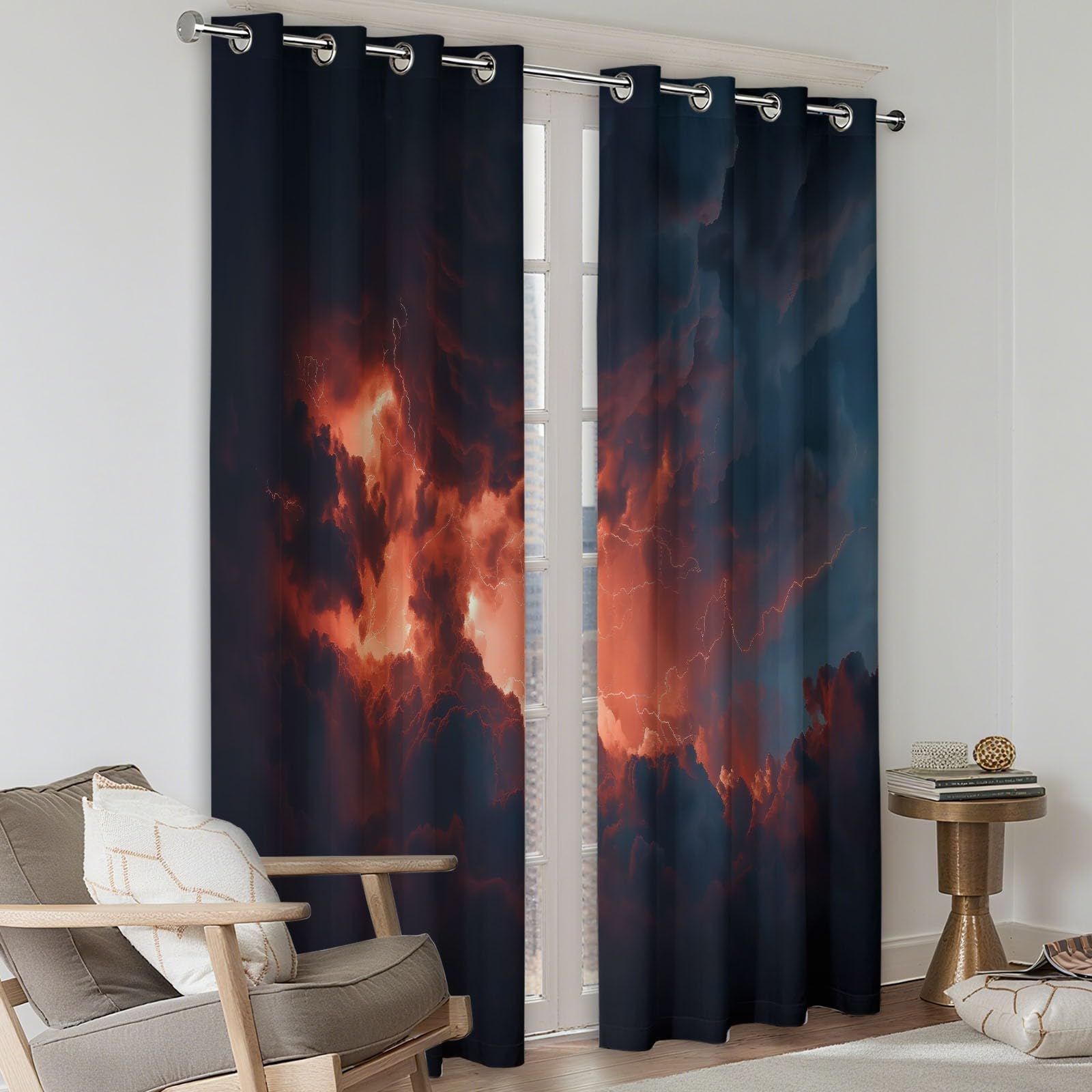 Générique Rideaux Opaques en Nuages Sombres Orage Naturel, Rideau Occultant en Polyester Gris, Rideaux Thermique Isolant Anti-Froid Décoration de Fenêtre pour Salon Chambre Lot de 2 140L x 245H cm