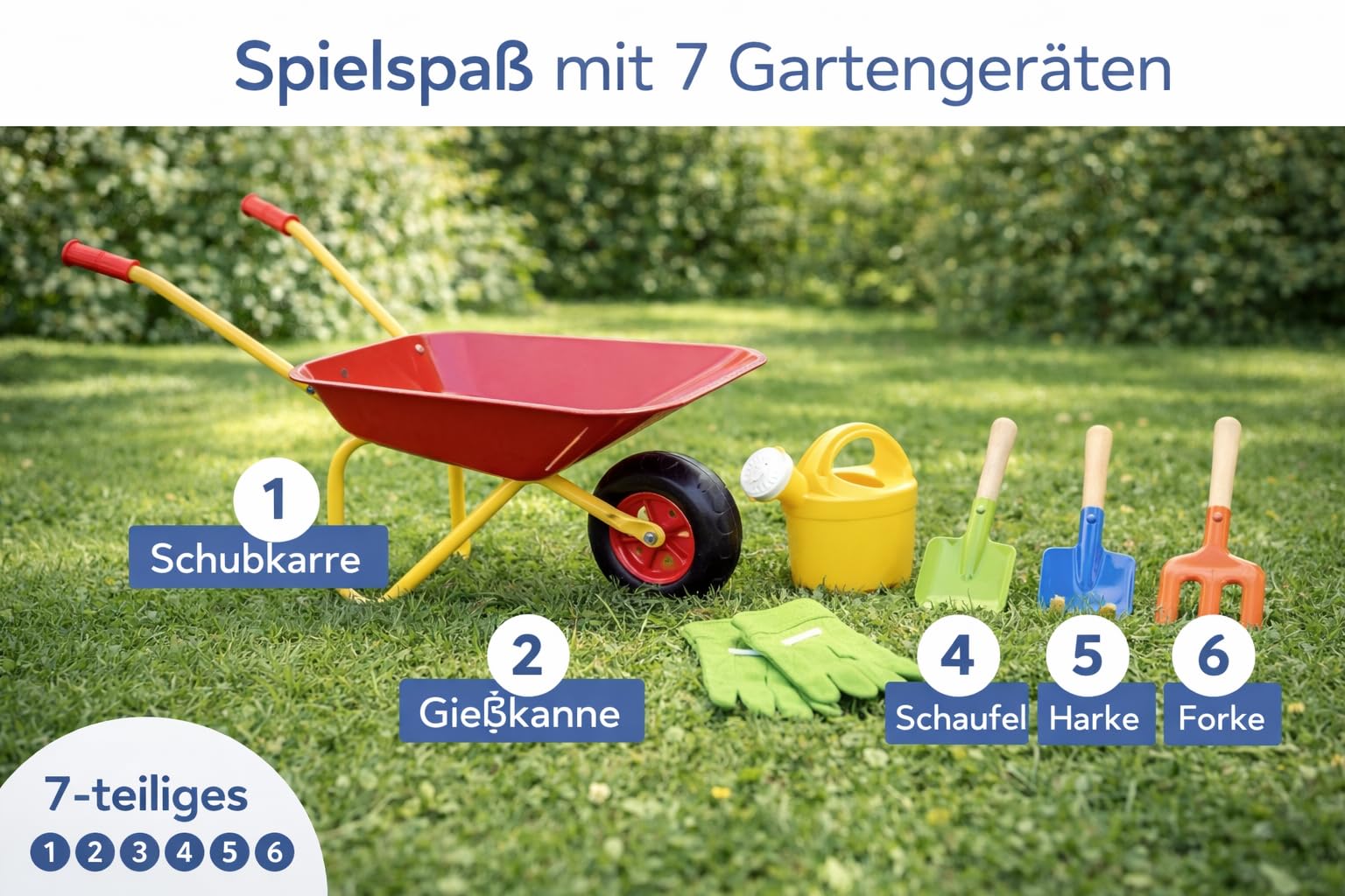 Kinder Schubkarren Set 7-Teile Metall & Holz Gartenspielzeug mit Schubkarre, Schaufel, Harke, Forke, Gießkanne & Handschuh stabile Spiel-Schubkarre rot/gelb Outdoor Spielzeug für Kinder ab 3 Jahren
