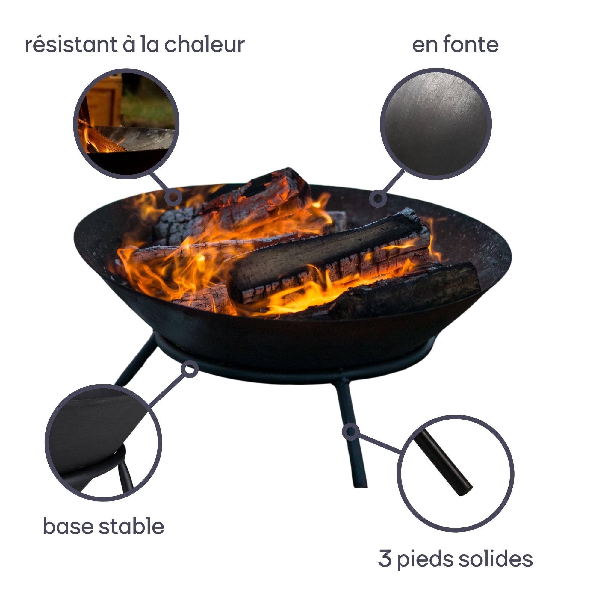 Perel Brasero, avec Support, 3 Pieds, Rond, 26 x Ø 56 cm, Fonte, Noir