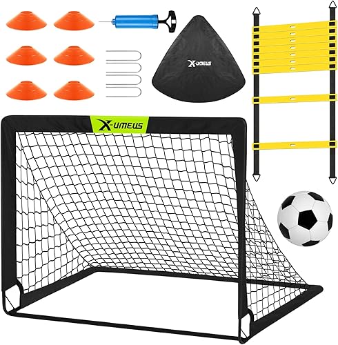 Kids Soccer Goals for Backyard Set of 2, 4x3 ft Portable Pop Up Soccer Goal Training Equipment with Soccer Ball, Ladder and Cones, Soccer Nets for