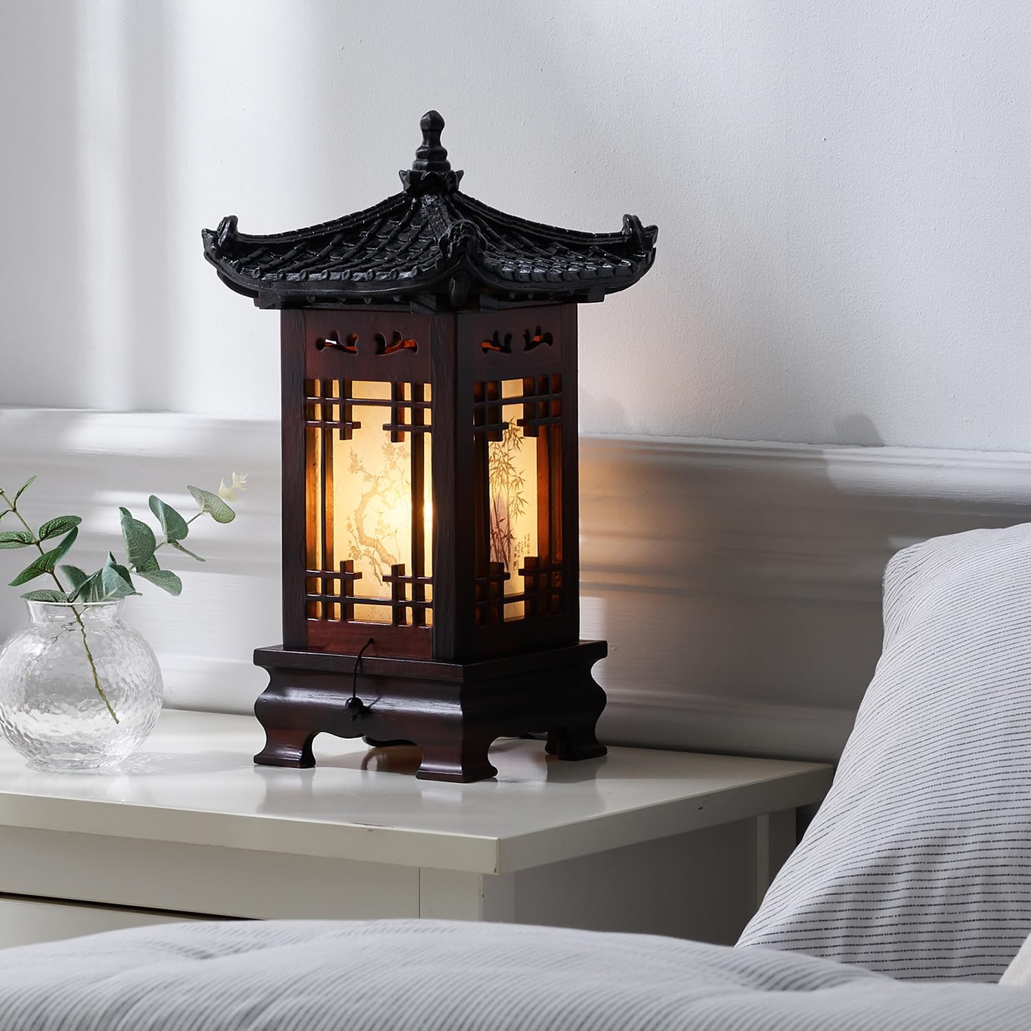 Traditional Korean Wood Lamp | Handmade Asian Oriental Table Lantern | Bedside Bedroom Accent Light | Unique Gift Idea | Pagoda Design (Brown) (House L)