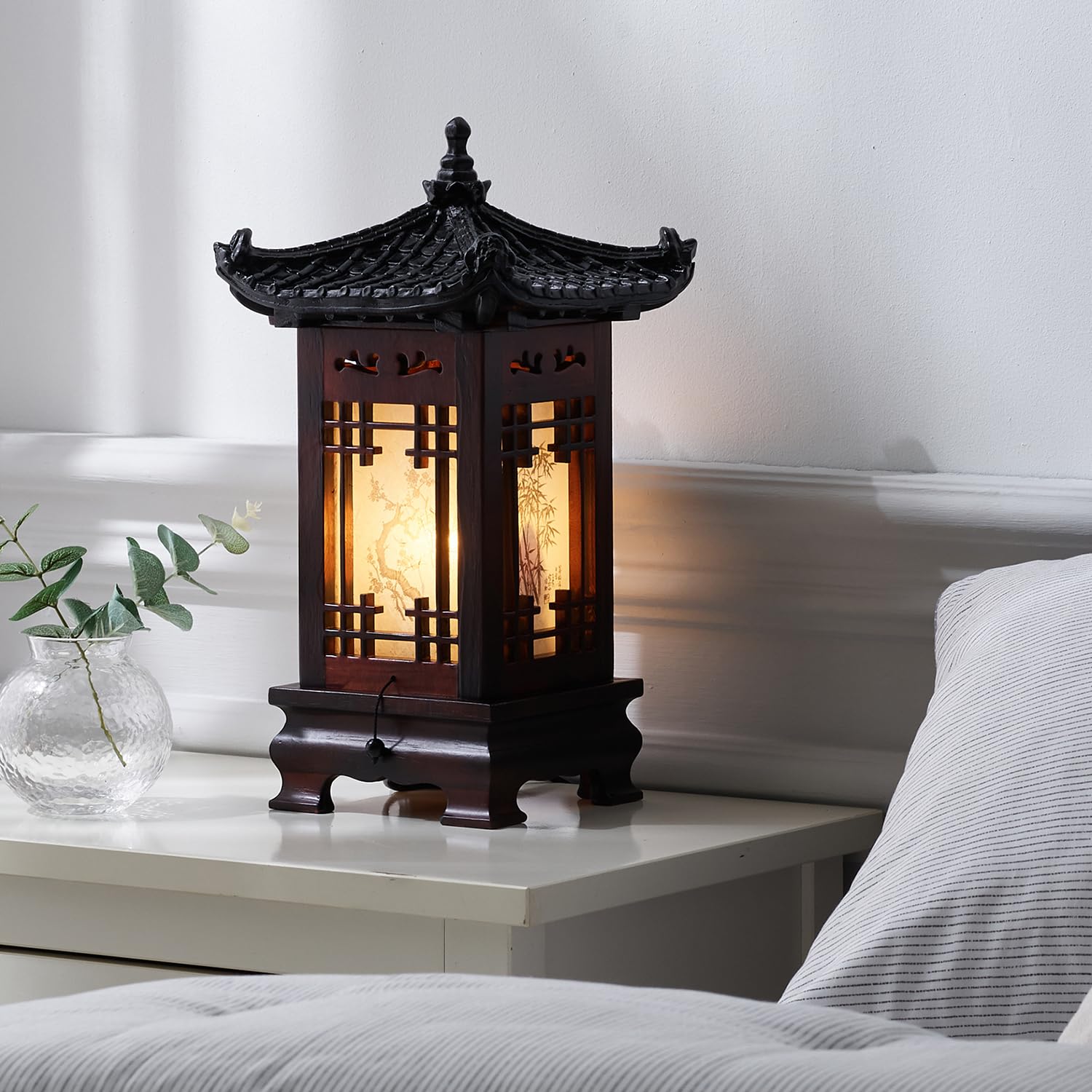 Traditional Korean Wood Lamp | Handmade Asian Oriental Table Lantern | Bedside Bedroom Accent Light | Unique Gift Idea | Pagoda Design (Brown) [Energy Class F]