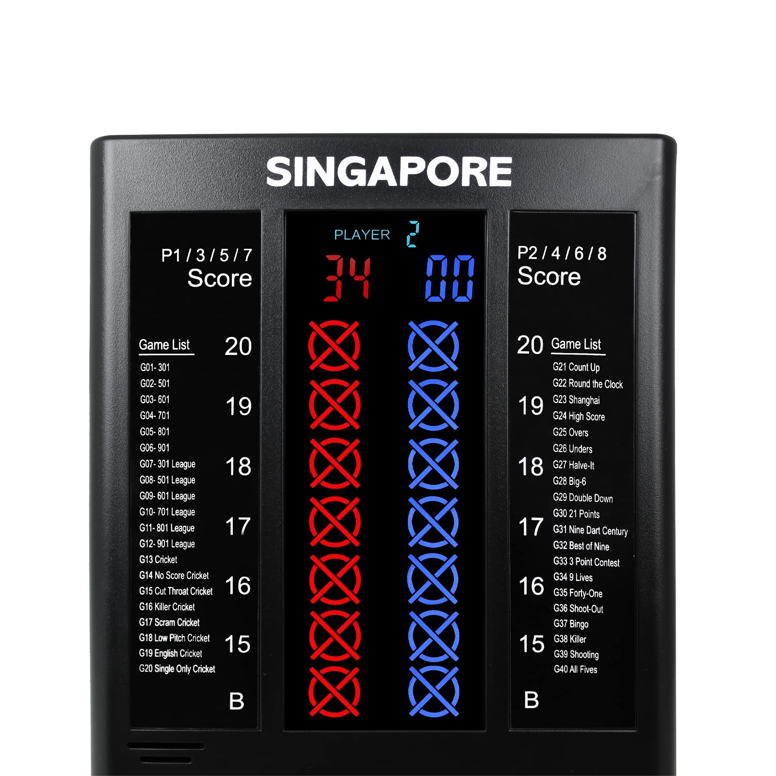 XQmax Compteur de score électronique de fléchettes avec différents jeux et variations jusqu'à 8 joueurs, Compteur de points, Noir, 12 x 26,5 x 2,5 cm / 4.7 x 10.4 x 1 in