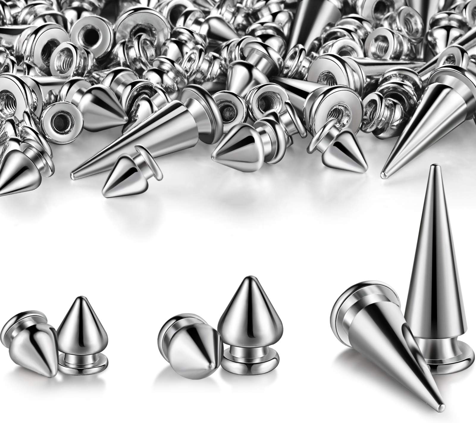 Hicarer 170 Pieces Multiple Sizes Cone Spikes Screwback Studs Rivets Large Medium Small Metal Tree Spikes Studs for Punk Style Clothing Accessories DIY Craft Decoration (Silver)